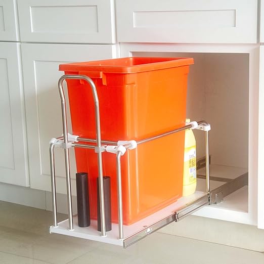 Adjustable Pull Out Trash Can for Kitchen Cabinet, Bottom-Mount Heavy-Duty Full-Extension Soft-Close Slides, 100 Lb Rated with Solid Bottom, Fits 18-Inch Base Cabinet