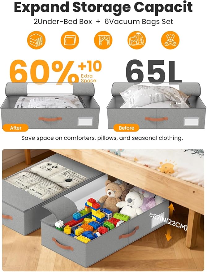 2-Pack Under Bed Storage Drawers with Wheels, 6 Vacuum Bags, 7.9" Height, Gray