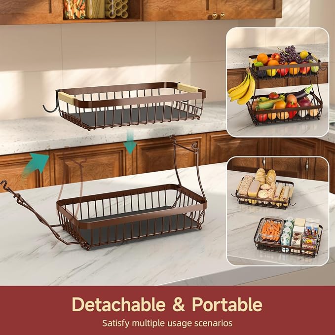 Sevenblue 2 Tier Large Fruit Basket for Kitchen Counter with 2 Mobile Banana Hangers, 2026 Pro Detachable Metal Fruit Bowl with Wooden Handle (Brown, 2 Tier)