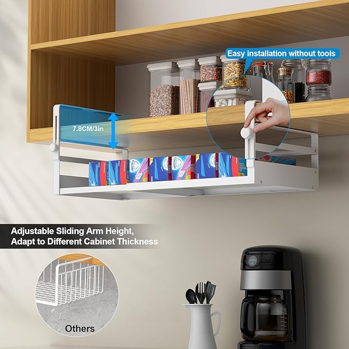 AmonHouseware 2Pack Under Shelf Basket Organizer, Adjustable Under Cabinet Shelf Storage, Hanging Holder Length Stretchable 13-21Inch for Kitchen Pantry Desk Counter Bookshelf Cupboard (White)