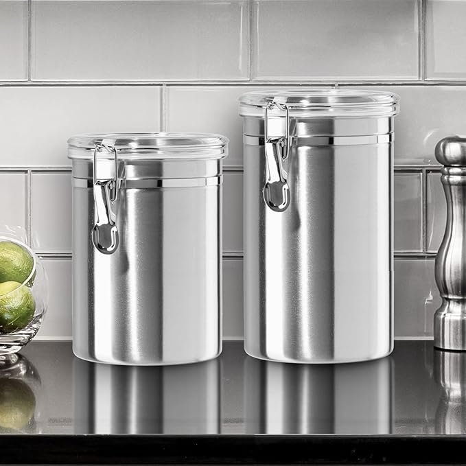 Stainless Steel Kitchen Canister 47oz, Airtight Clamp Lid, Clear See-Thru Top