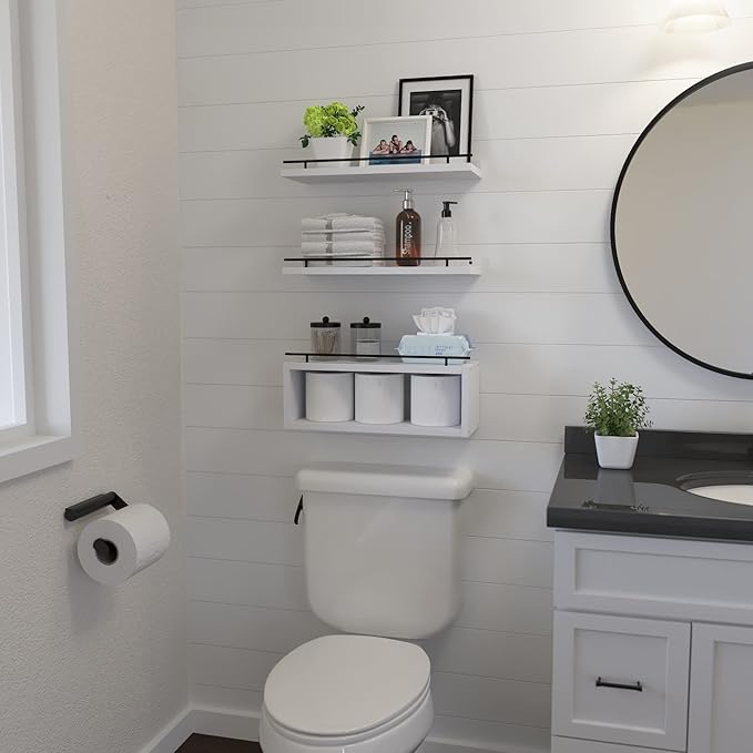 WOPITUES Floating Shelves for Wall with Cube Shelf, Wall Shelves with Metal Rail for Decor, Bathroom Organizers and Storage, Over Toilet Shelves for Bathroom, Toilet Paper-White