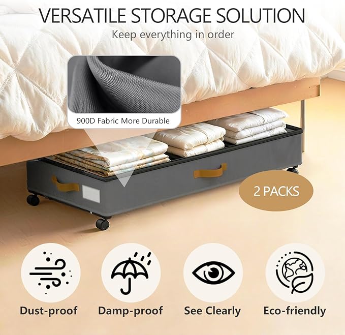Under Bed Storage with Wheels 2-Pack, Grey