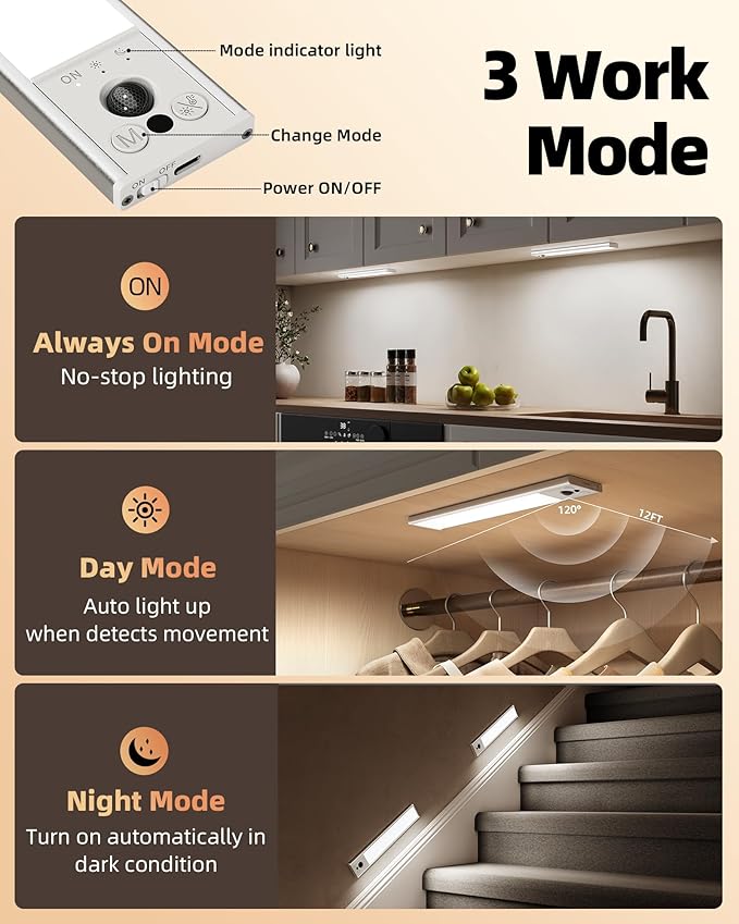 EZVALO 12inch Under Cabinet Lighting, Rechargeable Motion Sensor Light Indoor with 3 Color Temperatures, Dimmable & Magnetic Closet Lights, Wireless Under Counter Lights for Kitchen, Stairs (2 Pack)
