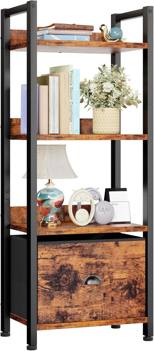 4 Tier Bookshelf with Drawer, Tall Bookcase with Shelves