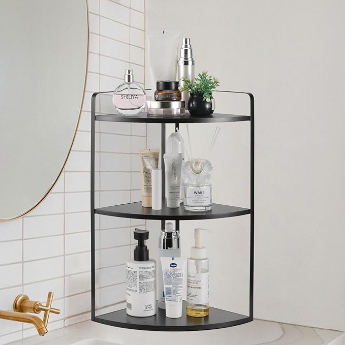 3 Tier Corner Bathroom Counter Organizer, Countertop Organizer, Makeup Organizer Countertop, Bathroom Storage Sink Shelf, Wooden and Metal Counter Shelf (Large Capacity-Black)