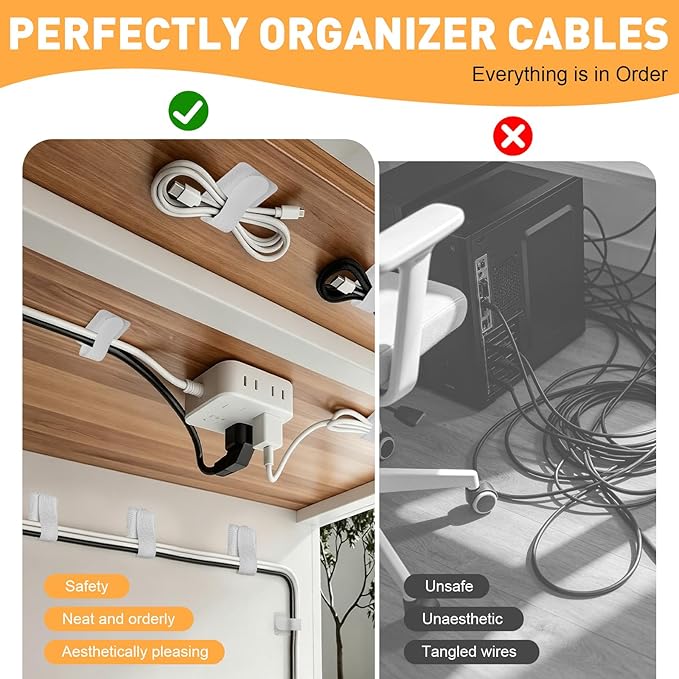 100pcs Hook and Loop Cable Straps,Under Desk Cable Management,Adjustable Cord Organizer for Desk Home Office Organization (White)