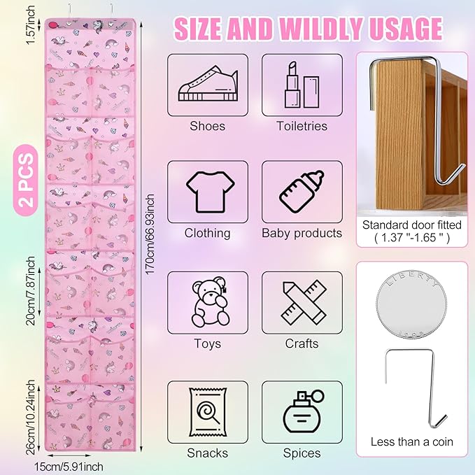 2 Pcs Kids over The Door Shoe Organizer 24 Pockets Unicorn Baby Water Bottle