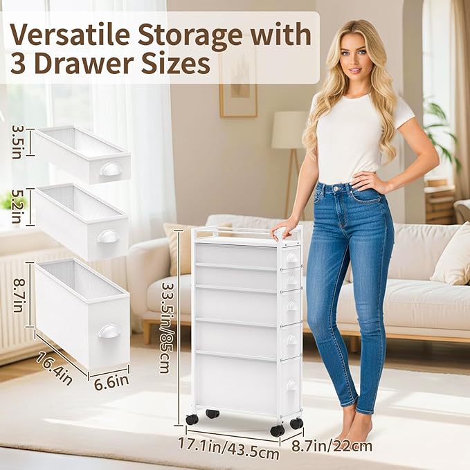 5 Drawer Narrow Slim Cabinet Skinny Storage Tower Chest, White