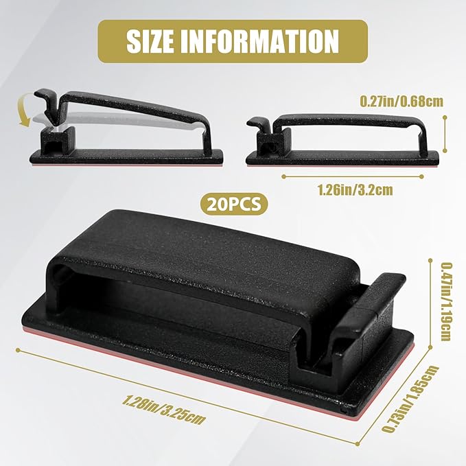 Self Adhesive Cable Management Clips, Line Clips, Cable Organizers, TV PC Line Clips, Ethernet Cable Clips Under Desks - Durable PA66 Material, Easy to Install (Black 20Pcs )