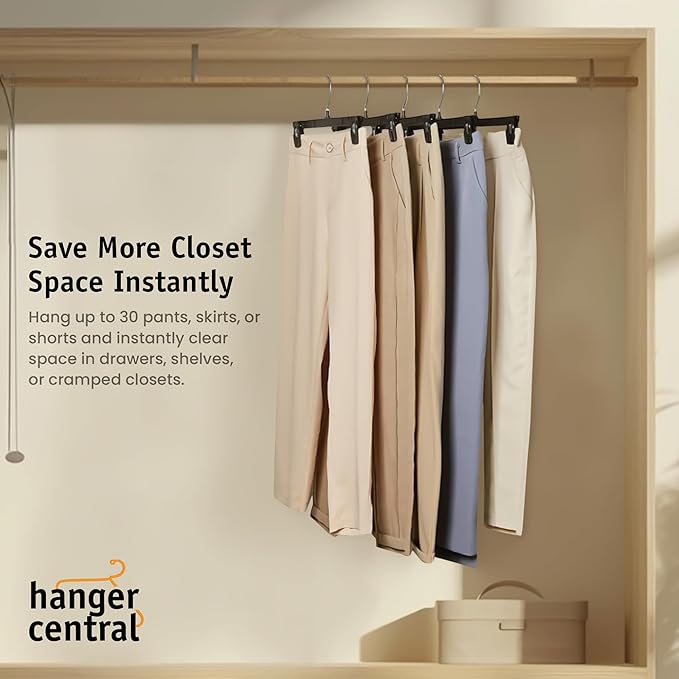 30 Pack Pants Hangers Slim Plastic Clothes Hangers with Clips for Skirts, Shorts & Trousers – Non Slip Grip, Heavy Duty Space Saver with Swivel Hook – Black Closet Organizer - 12 Inch
