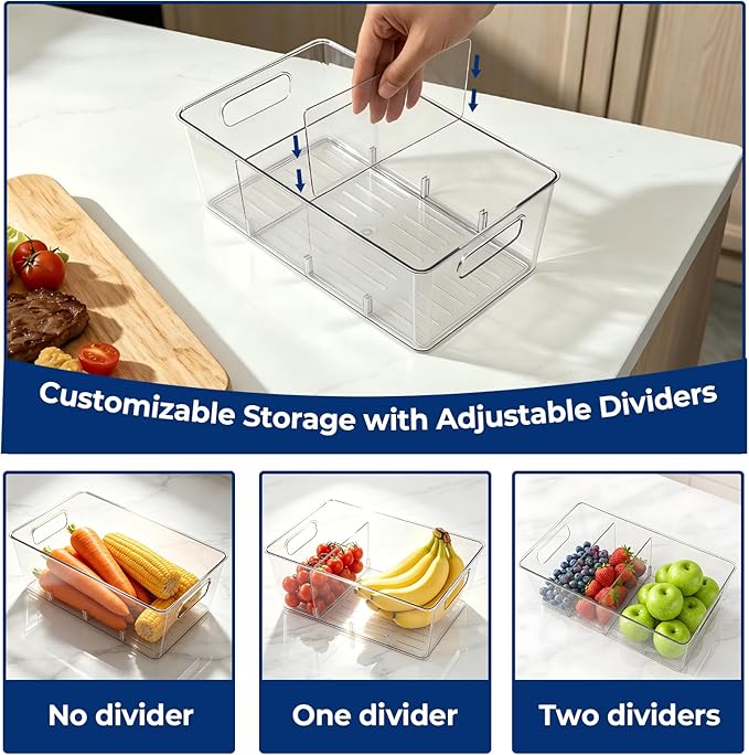 4 Pack Pantry Organizers and Storage, Food Storage Containers with 3 Removable Divider for Kitchen, Fridge, Cabinet Organization, Clear Plastic Storage Bins for Snacks, Spice Packets, Packets, Pouches
