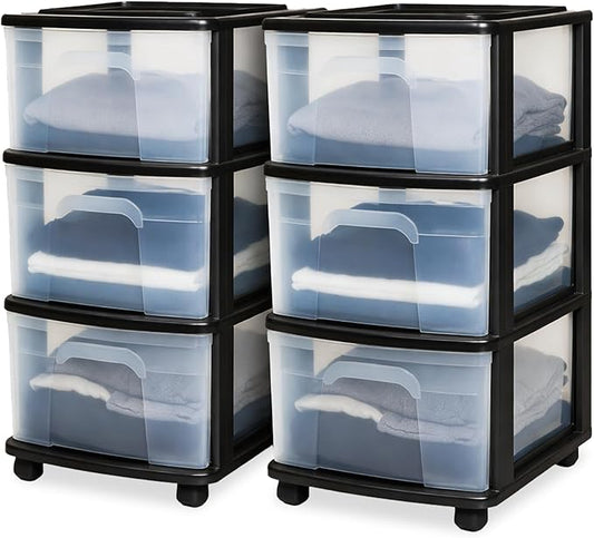 2-Pack Drawer Tower, 3-Tier Clear Plastic Storage Organizer Cart, Black Frame