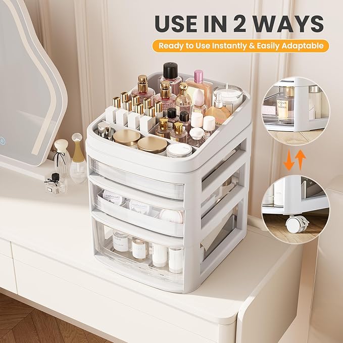 Rolling Cart with 3 Drawers, Clear Plastic Drawer Organizers, Dust Proof Under Desk Storage for Makeup, Skincare, Art Crafts and Baby Items, Acrylic Cosmetic Organizer with Dividers, Vanity Cart