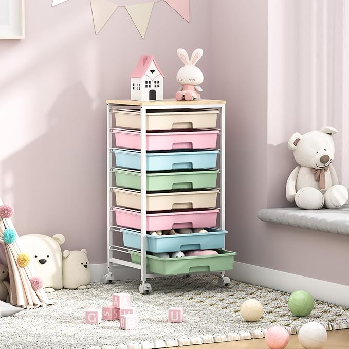 SYKIARIOL Rolling Storage Cart with Drawers,Utility Cart With 8 Drawers and Wooden Tabletop,Rolling Drawer Cart,Storage Drawer Cart for Living Room,Classroom,Bedroom,Bathroom,Dorm,Office,Rainbow