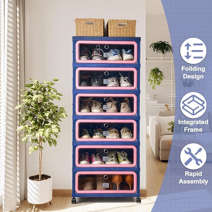 SAYMA Foldable Shoe Rack Organizer, Collapsible Shoe Cabinet with Magnetic Clear Door, Large Plastic Folding Shoe Cabinet, Easy Assembly Shoe Shelves Organizer for Entryway, 6 Tiers-12Pairs