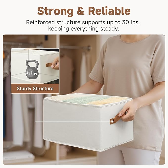 StorageWorks Closet Organizers and Storage Bins, Foldable Shelf Baskets, Clothes Storage Basket for Organization, Ivory White, 3-Pack, Large