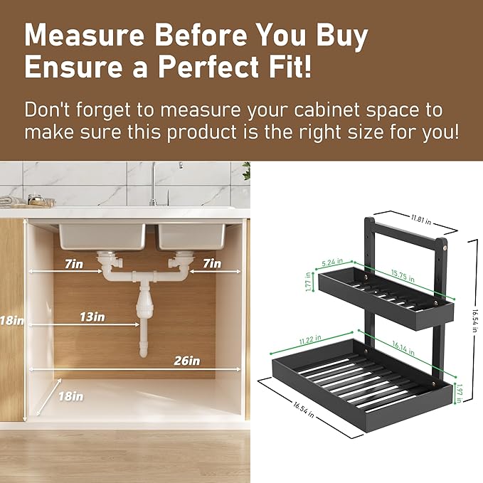 Bamboo Under Sink Storage 2 Tier Pull Out Cabinet Organizer Slide Out Under Sink Storage Shelf Undersink Organizers Shelves for Kitchen Bathroom Organization (Black, 1 Pack)