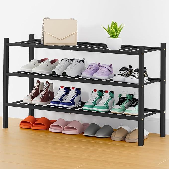 Long Bamboo Shoe Rack, 3 Tier Free Standing Wooden Shoe Organizer, Black