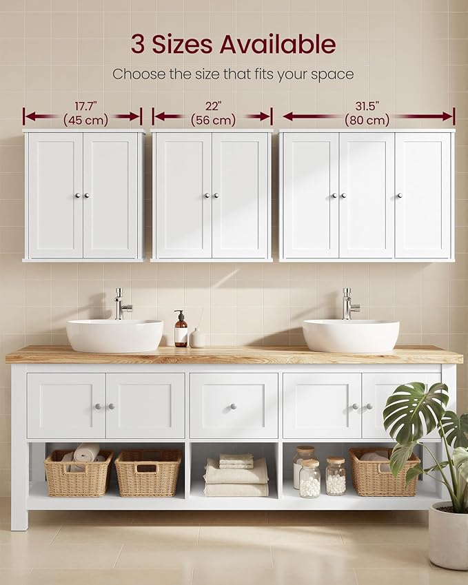VASAGLE Siren Collection - Bathroom Wall Cabinet, Hanging Bathroom Storage Cabinet, for Medicines, Farmhouse, 2 Adjustable Shelves, 7.9 x 22 x 23.6 Inches, Cloud White UBBK330WB01S