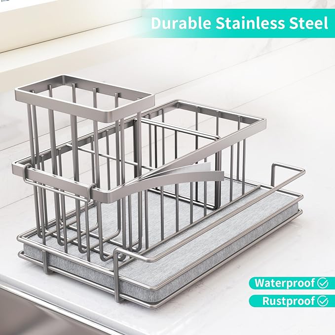 HapiRm Sink Caddy Sponge Holder - Kitchen Sink Organizer with Instant Drying Stone and Brush Holder, Stainless Steel Sponge Caddy for Kitchen Countertop - Brushed Nickel