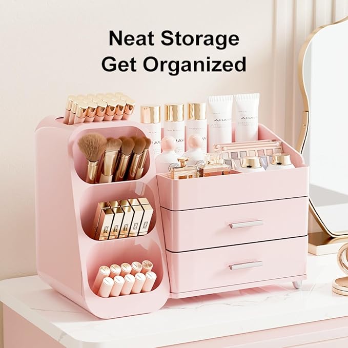 Makeup Organizer with Drawers,Large Capacity Countertop Organizer for Vanity,Bathroom and Bedroom Desk Cosmetics Organizer,Easy To Storage Skincare,Brushes,Lotions (All Pink)