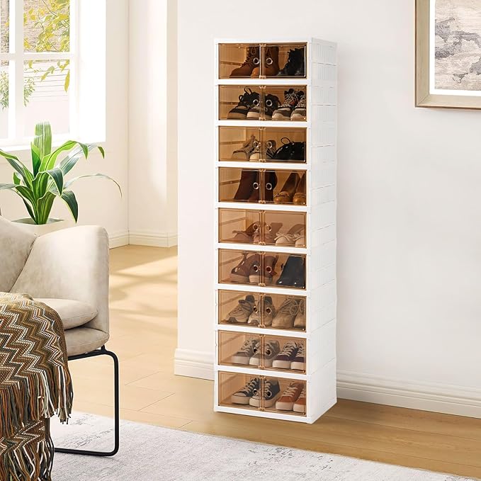Foldable Shoe Rack Organizer Collapsible Shoe Storage Organizer with Doors, Large Plastic Folding Shoe Rack, Clear Stackable Shoe Boxes Easy Assembly Shoe Cabinet for Entryway (9 Tiers-18 Pairs)