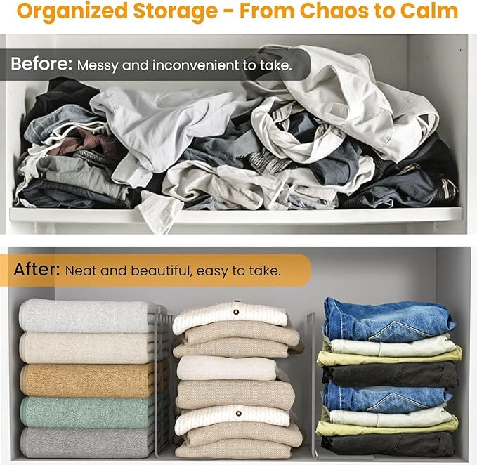 OKPOW Acrylic Shelf Dividers for Closet Organization - 10" Tall X 12" Deep Easy Installation Clothes Purses Organizer - Space-Saving Adjustable & Sturdy Clear Dividers for Wood Cabinet Shelves, 4 Pack