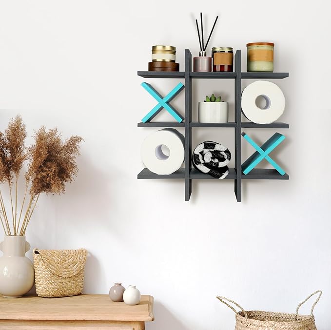 Weysat Tic Tac Toe Toilet Paper Holder Stand Bathroom Wall Decor Rustic Wooden Hanging Storage Freestanding Wall Mounted Shelves Decor for Toilet Tissue Farmhouse