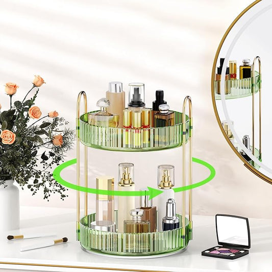 MOKANI 360 Rotating Makeup Organizer for Vanity, 2 Tier Adjustable Perfume Organizer for Dresser, Multi-Function Spinning Cosmetics Skincare Storage for Bedroom, Dresser, Countertop, Green