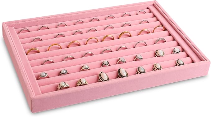 Frebeauty Stackable Velvet Jewelry Organizer Trays for Drawers Inserts Jewelry Storage Tray Display Case, Stud Earrings Bracelets Necklace Rings Accessories Trays for Women(Set of 4)(Pink)