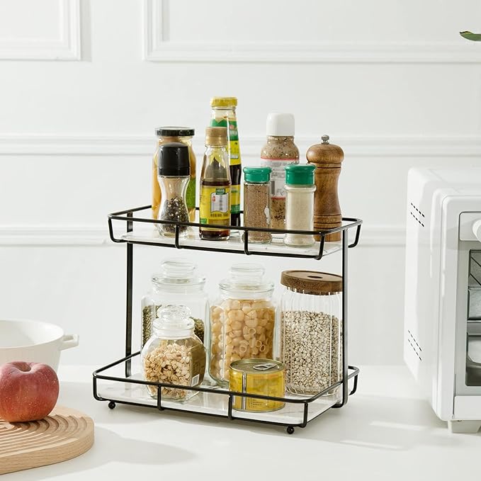 Bathroom Organizer Countertop Perfume Organizer Makeup Organizer Cosmetics Storage Display Rack Vanity Tray Dresser Stainless Steel Gold Shelf White Marble Ceramic Tray (2 Tier L-Black)