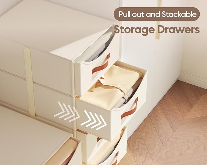 Homsorout Stackable Storage Drawers - Collapsible Storage Bins with Drawers, 4 Pack Closet Shelf Organizer Basket, Fabric Pull Out Organizer for Bedroom, Living Room, Dorm, Beige