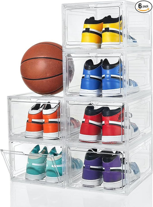 ZLLZUU Shoe Organizer Shoe Storage Boxes, 6 Pack Large Drop Front Shoe Boxes with Magnetic Door, Clear Plastic Stackable Shoe Containers (Clear White)