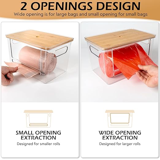 Stackable Trash Bag Dispenser with Wooden Top for Holding 13/30/33-Gallon Large Bag Sizes – Extra-Large Garbage Bag Holder with Anti-Slip Base, Trash Bag Dispenser Under Sink (11.5"x7.5"x7" inches)