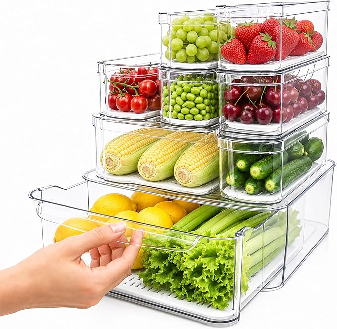 SMRCAD 8 Pack Refrigerator Organizers, Clear Pull-out Drawer Container and Organizer Bins with Lids, Stackable Storage Containers for Fruits, Vegetable (Set of 8 (Include Pull Out Drawer))