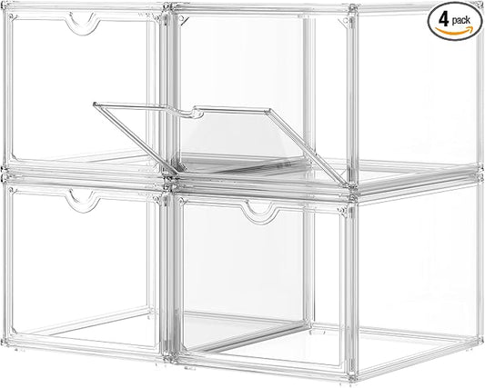 Clear Shoe Storage Boxes Stackable, Display Case With Magnetic Door