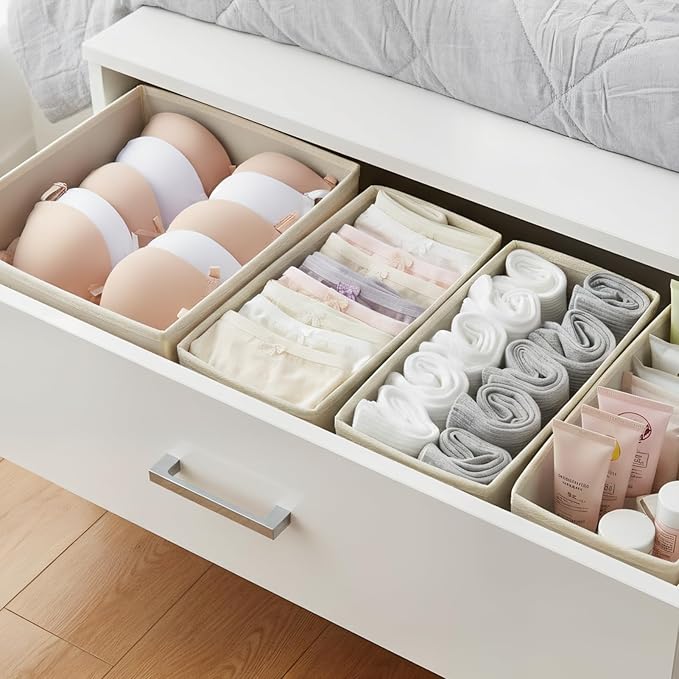 Drawer Organizer Set 4 Pack - Foldable 11" Fabric Storage Bins with Zipper Bottom for Underwear Socks Bras Baby Clothes - Closet Dresser Dividers for Bedroom Nursery, Khaki