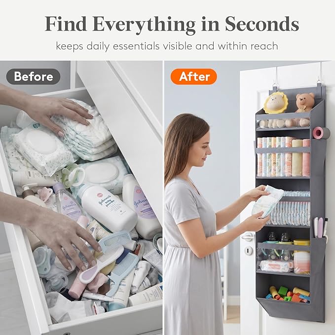 Lifewit 1 Pack Over the Door Organizer, 5 Section Clear Window Hanging Storage with 4 Side Pockets, Sturdy Anti Tilt 40 lbs Load Behind Door for Closet, Bedroom, Bathroom, Nursery, Dorm, Dark Gray
