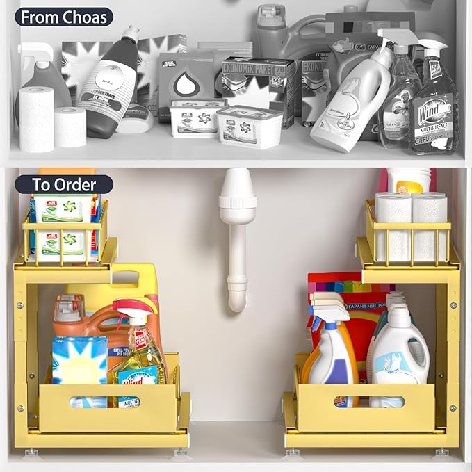 Saydear Under Sink Organizer, 2-Tier Premium Metal Pull-Out Racks with Adjustable Height, Heavy Duty Sliding Bin for Bathroom and Kitchen Cabinet Storage, Rust Resistant 2 Pack