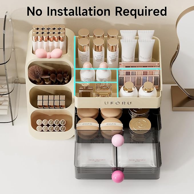 UFORU Makeup Organizer for Vanity with Brush Holder, Large Capacity Bathroom Countertop Skincare Organizer with 2 Drawers, Cosmetic Display Case for Perfumes, Eyeshadow Palettes, Nail Polishes