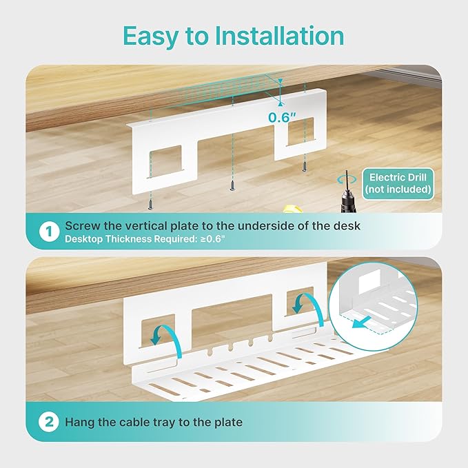 Under Desk Cable Management Tray, 15.7 Inches Metal Cord Organizer Rack, White