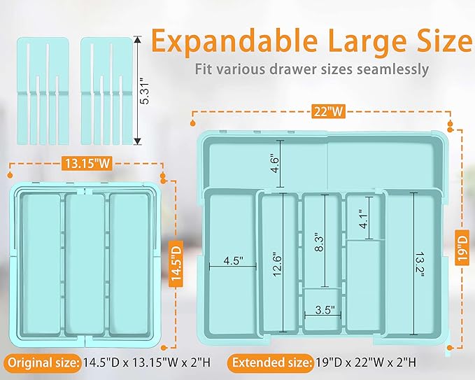 Utensil Drawer Organizer for Kitchen, Turquoise