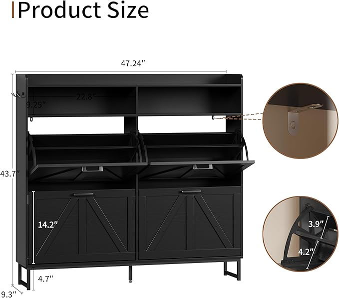 Shoe Cabinet with 4 Flip Drawers, Black