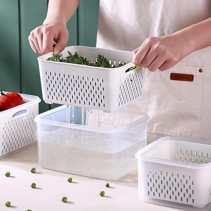 Large Fridge Food Storage Container Set with Lids with Strainer