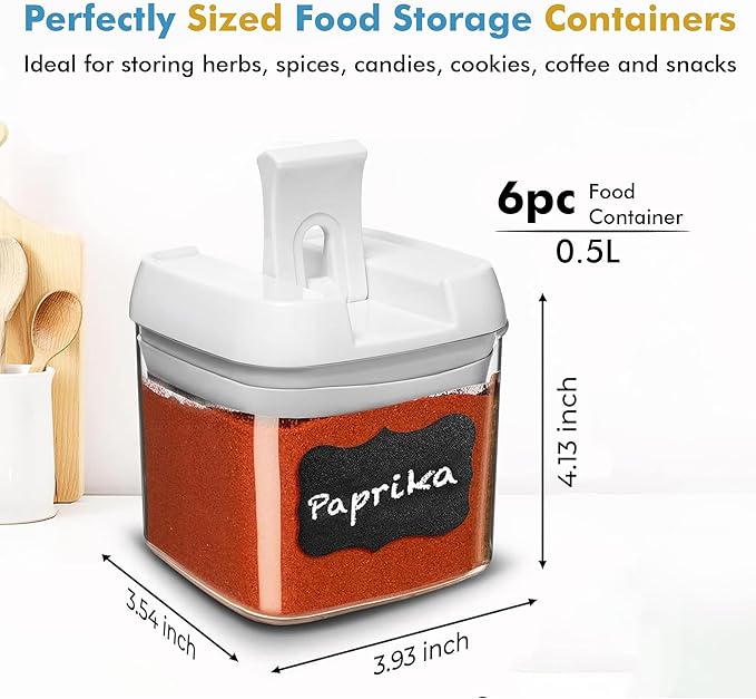 Shazo 6 PC Airtight Food Storage Containers + 6 Spoons Included - BPA Free Plastic Snack & Spice Containers with Easy Lock Lids - Kitchen and Pantry Organization for Herbs Coffee Tea - 0.5L / 2.1 Cup