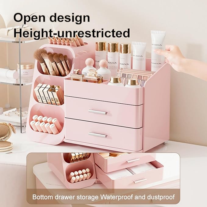 Makeup Organizer with Drawers,Large Capacity Countertop Organizer for Vanity,Bathroom and Bedroom Desk Cosmetics Organizer,Easy To Storage Skincare,Brushes,Lotions (All Pink)