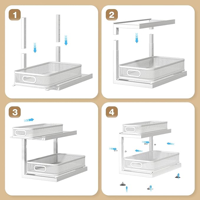 2-Pack Under Sink Storage Organizer with 2-Tier Slide Out Drawer, Sophisticated Mesh Pull Out Shelf for Kitchen & Bathroom, Fits Small Items, Upgraded Arched Track for Smooth Gliding-Gun Gray