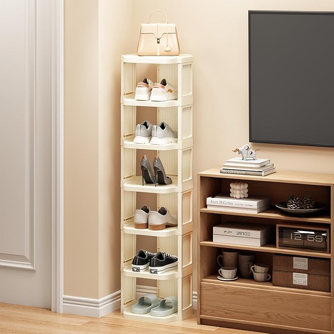 Kitstorack Vertical Shoe Rack: 5 Tiers Stackable Shoe Rack for Closet DIY Free Standing Shoe Organizer Small Shoe Shelf for Small Spaces and Narrow Spaces Plastic, White