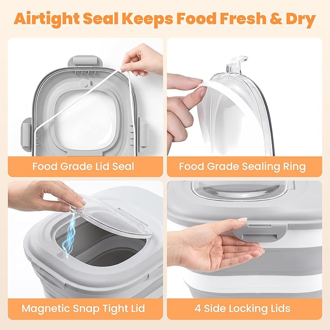 30 Lbs Dog Food Storage Container with Wheels, Collapsible Pet Food Storage Container with Clear Window, Measuring Cup & Scoop, BPA Free Cat Food Container for Rice, Flour, Grain, Bird Seed